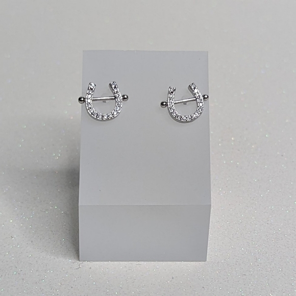 Horseshoe Shaped Silver Rhinestone Stud Earrings - Picture 4 of 6